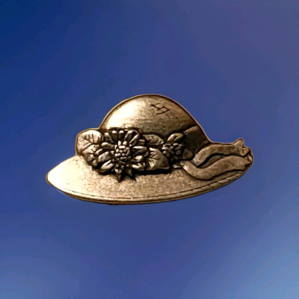 Birds & Blooms Sun Hat Bonnet  Pewter BROOCH Pin Signed 2005